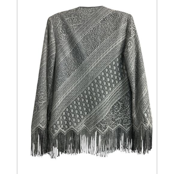 Caramia Vintage Metallic Gray Western 2 piece Suit Jacket Skirt Tassel Womens 12 - Picture 4 of 13